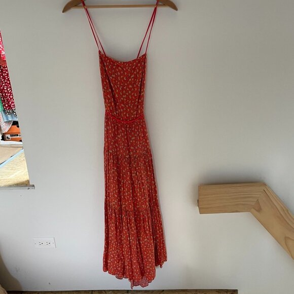 Urban Outfitters UO Sparks Fly Tiered Midi Dress Red Orange Lace Up Back Size M - Picture 3 of 8